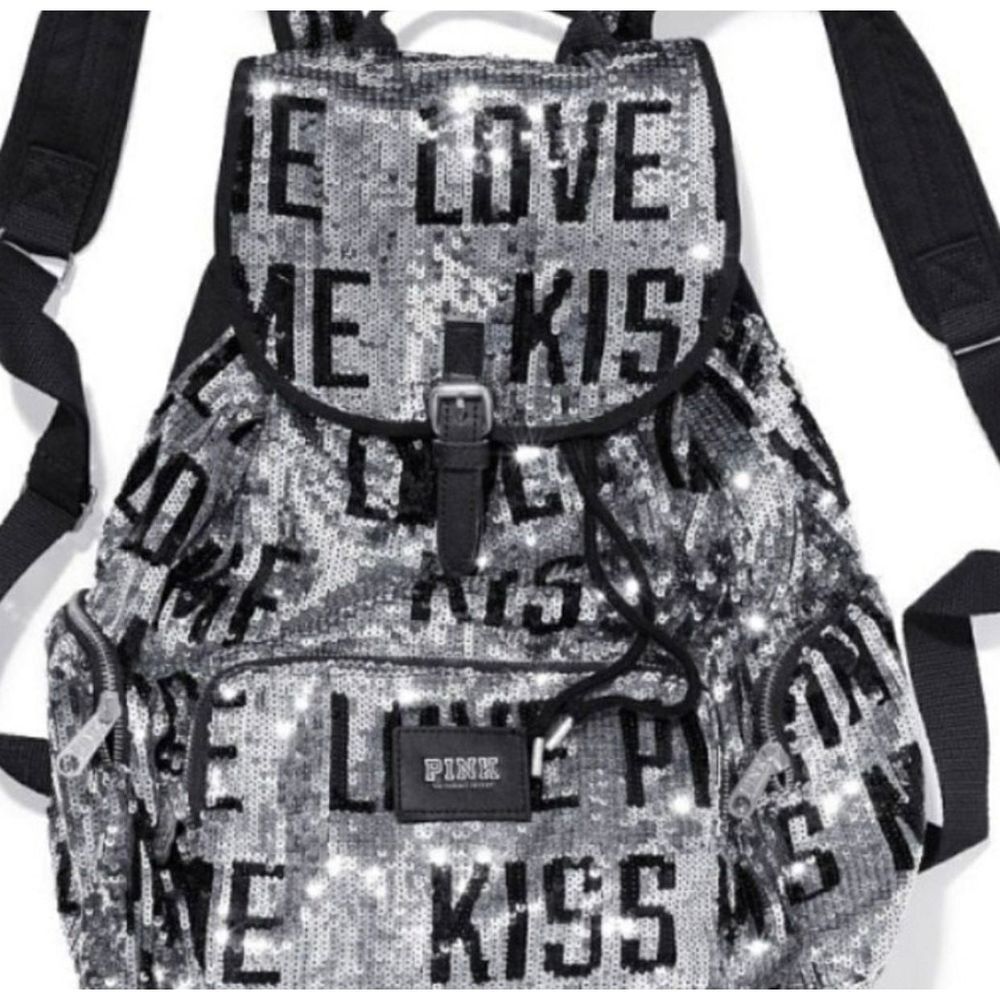 Victoria's Secret Pink Bling Silver Sequin Love Kiss Me Backpack Tote Bag